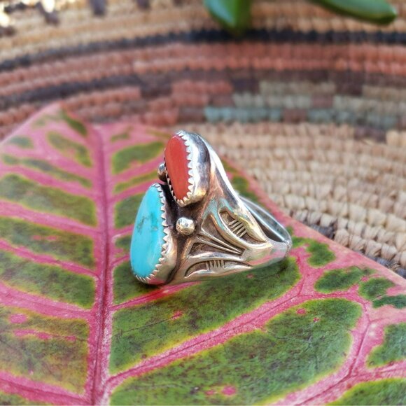 Vintage NA Turquoise Coral Native American Sterling Silver Ring Signed AR RR - Picture 4 of 15